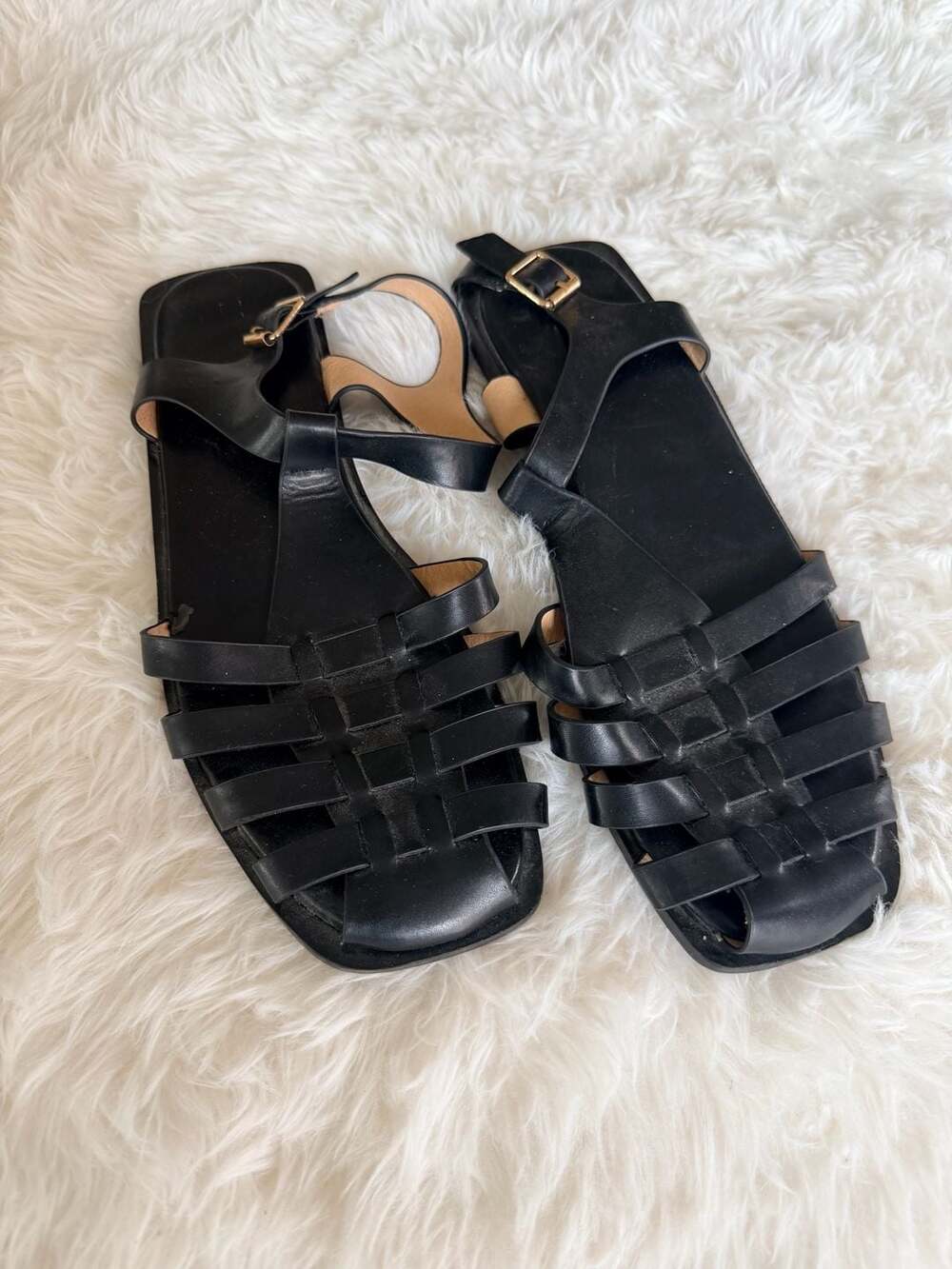 MaxMuxun Women's Black Leather Fisherman Gladiator Flat Sandals